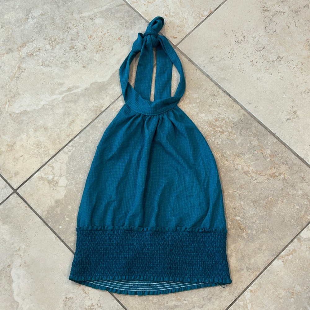 Free‎ People Halter Top Womens M Teal Smocked Textured Boho Festival Tank Beachy